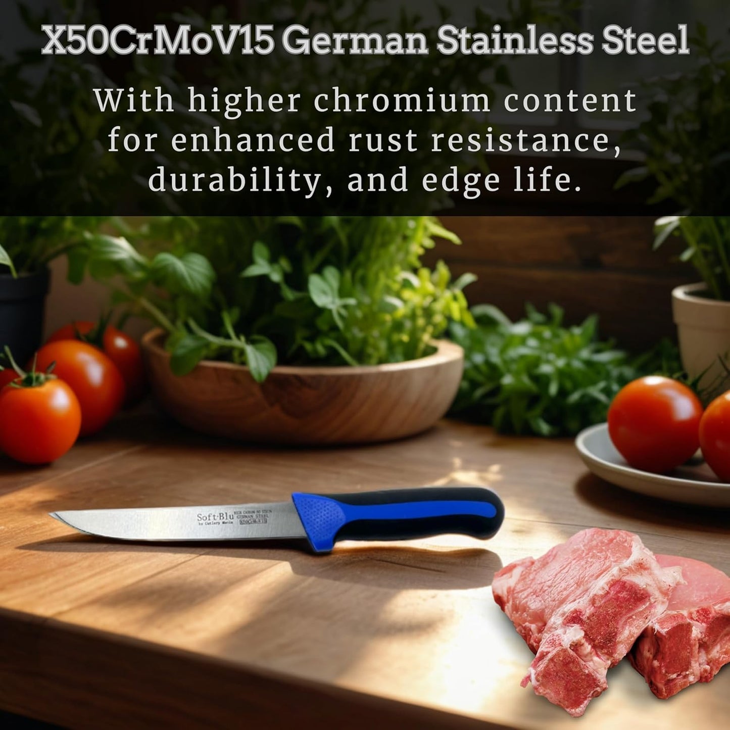 SoftBlu Kitchen Knifes, X50CrMoV15 German Stainless Steel, Non-Slip Soft Grip Handle, Professional (Boning Knife, Wide, 6")