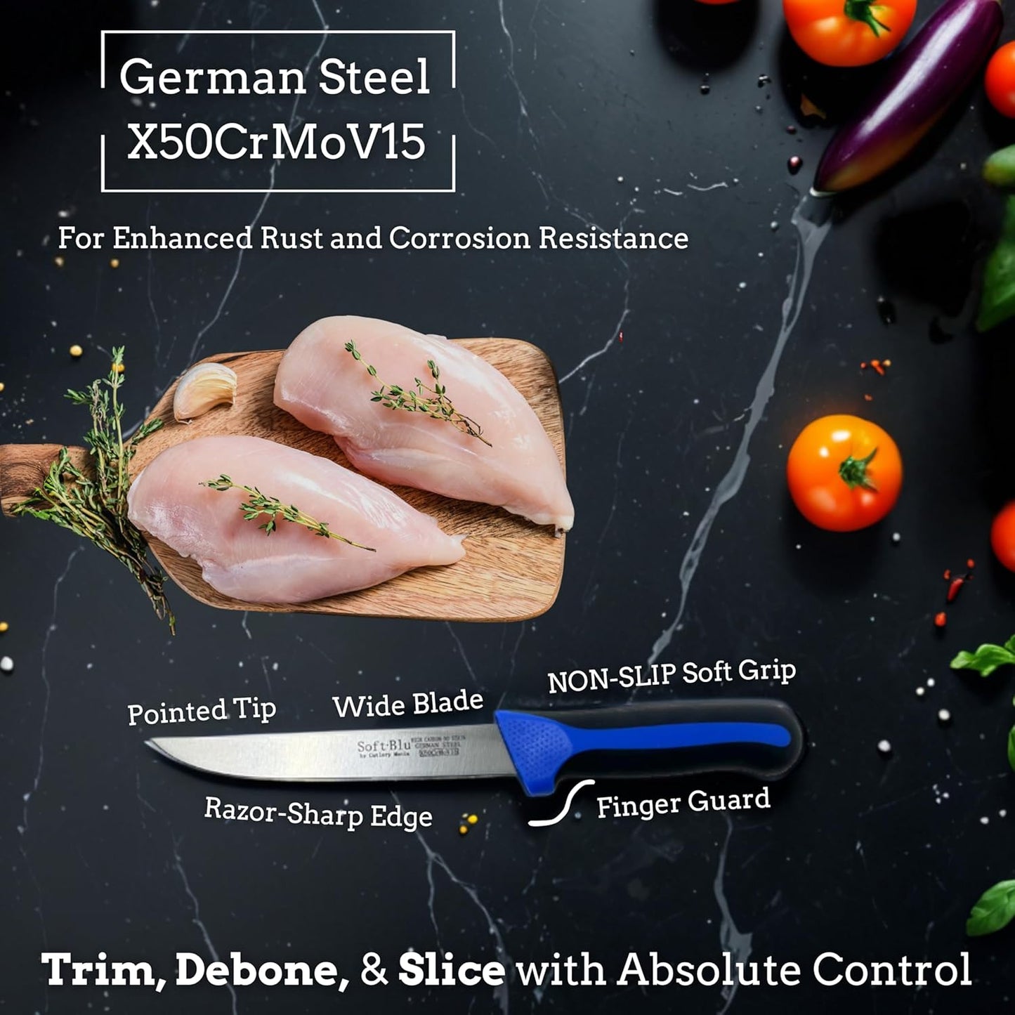 SoftBlu Kitchen Knifes, X50CrMoV15 German Stainless Steel, Non-Slip Soft Grip Handle, Professional (Boning Knife, Wide, 6")