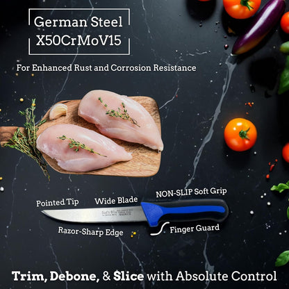 SoftBlu Kitchen Knifes, X50CrMoV15 German Stainless Steel, Non-Slip Soft Grip Handle, Professional (Boning Knife, Wide, 6")