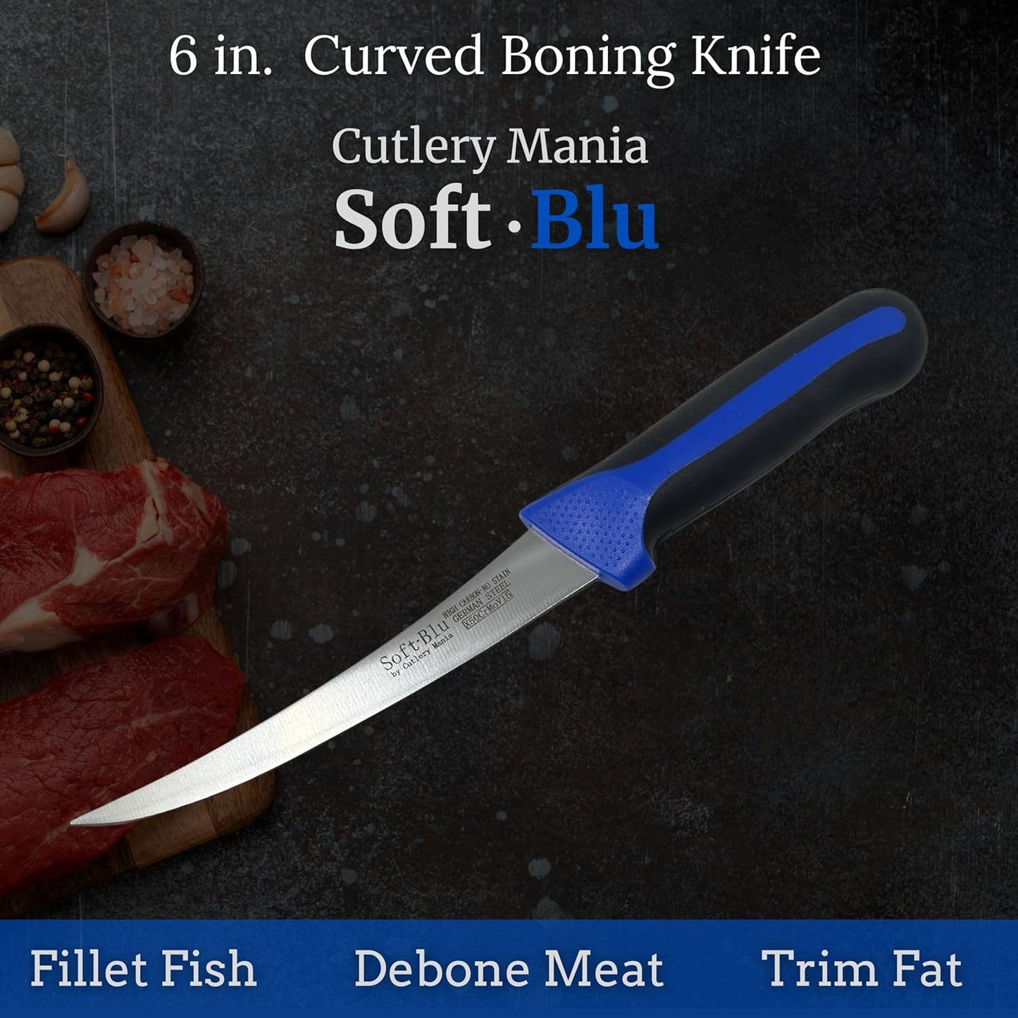 SoftBlu Kitchen Knifes, X50CrMoV15 German Stainless Steel, Non-Slip Soft Grip Handle, Professional (Boning Knife, Wide, 6")