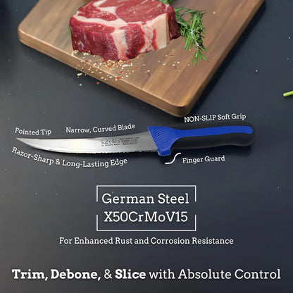 SoftBlu Kitchen Knifes, X50CrMoV15 German Stainless Steel, Non-Slip Soft Grip Handle, Professional (Boning Knife, Wide, 6")