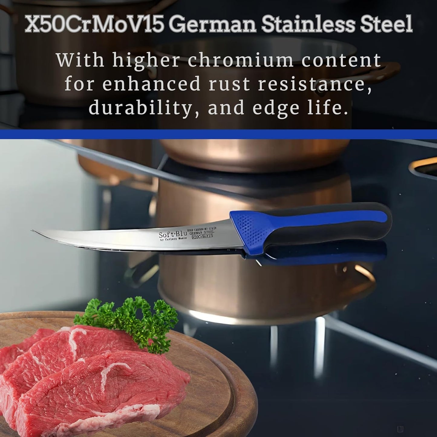 SoftBlu Kitchen Knifes, X50CrMoV15 German Stainless Steel, Non-Slip Soft Grip Handle, Professional (Boning Knife, Wide, 6")