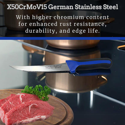 SoftBlu Kitchen Knifes, X50CrMoV15 German Stainless Steel, Non-Slip Soft Grip Handle, Professional (Boning Knife, Wide, 6")