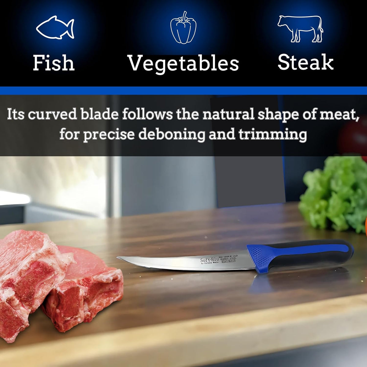 SoftBlu Kitchen Knifes, X50CrMoV15 German Stainless Steel, Non-Slip Soft Grip Handle, Professional (Boning Knife, Wide, 6")