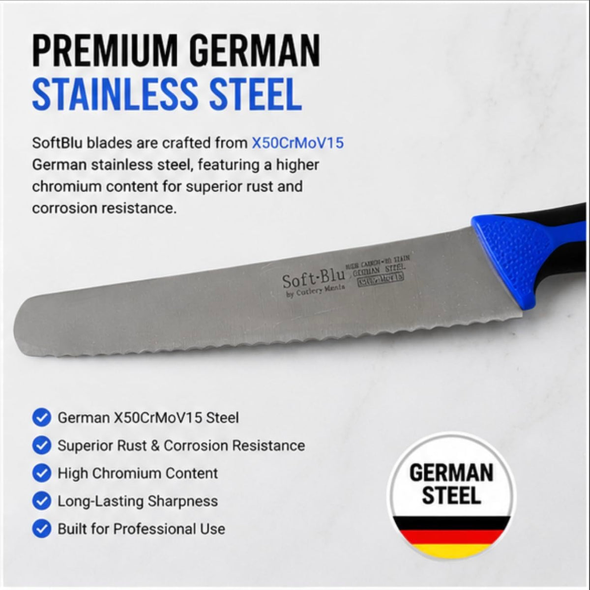 SoftBlu Kitchen Knifes, X50CrMoV15 German Stainless Steel, Non-Slip Soft Grip Handle, Professional (Boning Knife, Wide, 6")