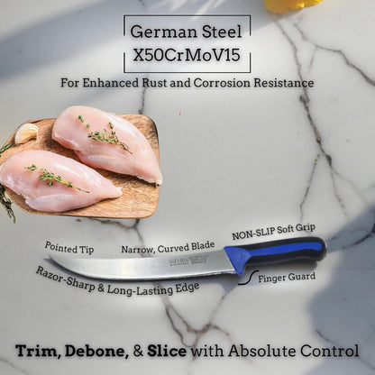 SoftBlu Kitchen Knifes, X50CrMoV15 German Stainless Steel, Non-Slip Soft Grip Handle, Professional (Boning Knife, Wide, 6")