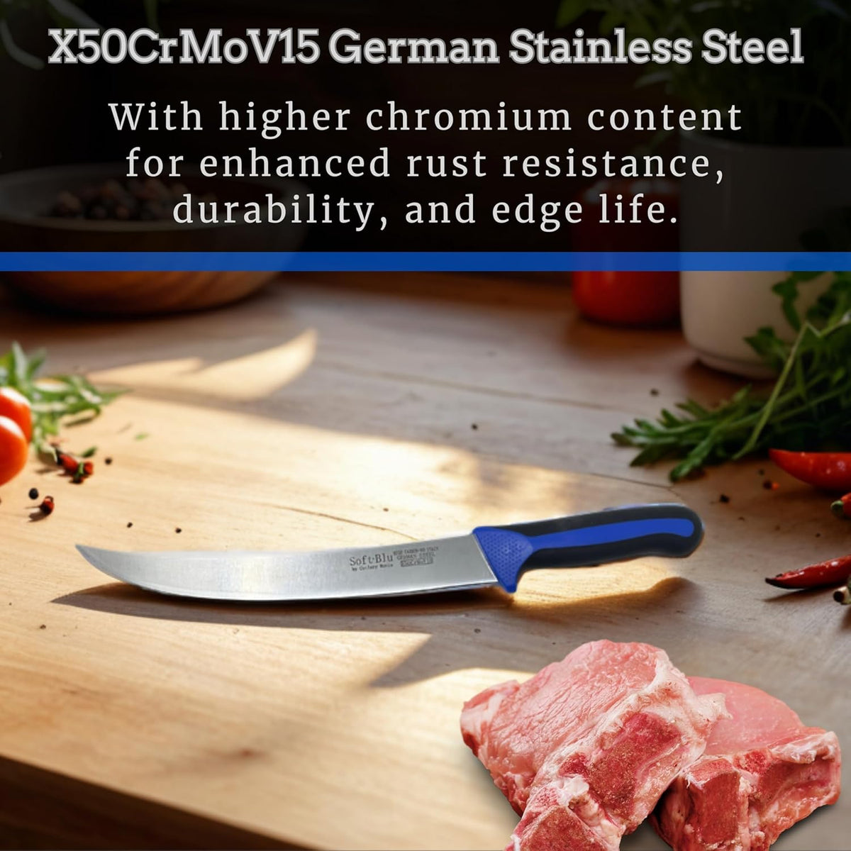 SoftBlu Kitchen Knifes, X50CrMoV15 German Stainless Steel, Non-Slip Soft Grip Handle, Professional (Boning Knife, Wide, 6")