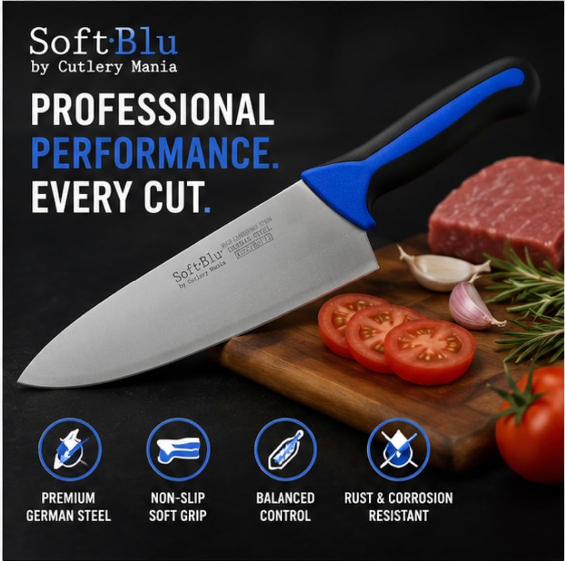SoftBlu Kitchen Knifes, X50CrMoV15 German Stainless Steel, Non-Slip Soft Grip Handle, Professional (Boning Knife, Wide, 6")