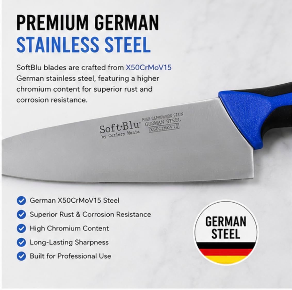 SoftBlu Kitchen Knifes, X50CrMoV15 German Stainless Steel, Non-Slip Soft Grip Handle, Professional (Boning Knife, Wide, 6")