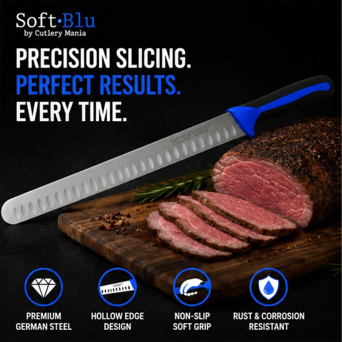 SoftBlu Kitchen Knifes, X50CrMoV15 German Stainless Steel, Non-Slip Soft Grip Handle, Professional (Boning Knife, Wide, 6")