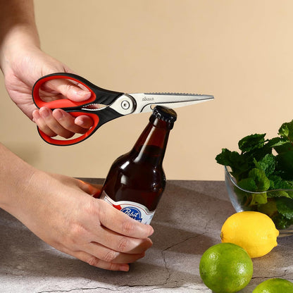 8.5 Inch Kitchen Scissors Heavy Duty Food Shears | Multipurpose Serrated Blade Kitchen Shears with Nut Cracker and Bottle Opener for Cutting Food, Fish and Cooking Preparation