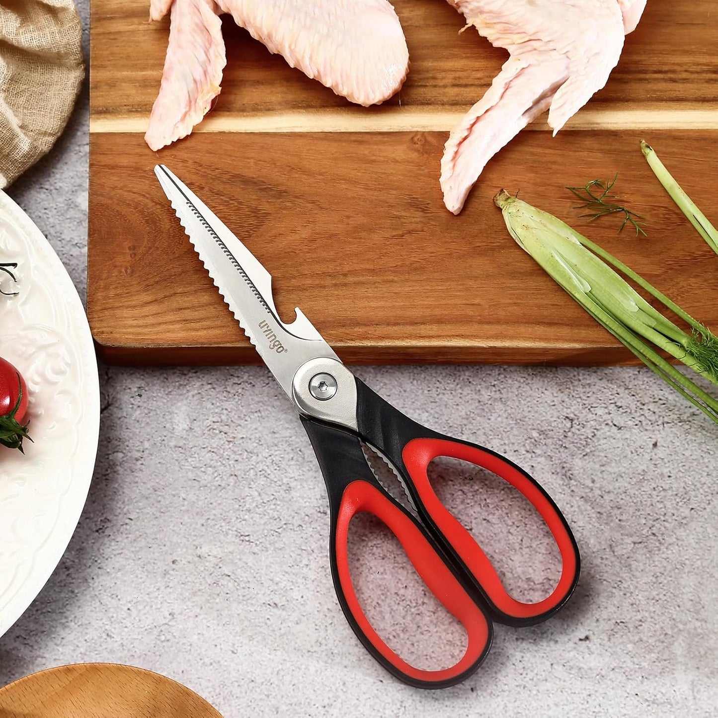 8.5 Inch Kitchen Scissors Heavy Duty Food Shears | Multipurpose Serrated Blade Kitchen Shears with Nut Cracker and Bottle Opener for Cutting Food, Fish and Cooking Preparation