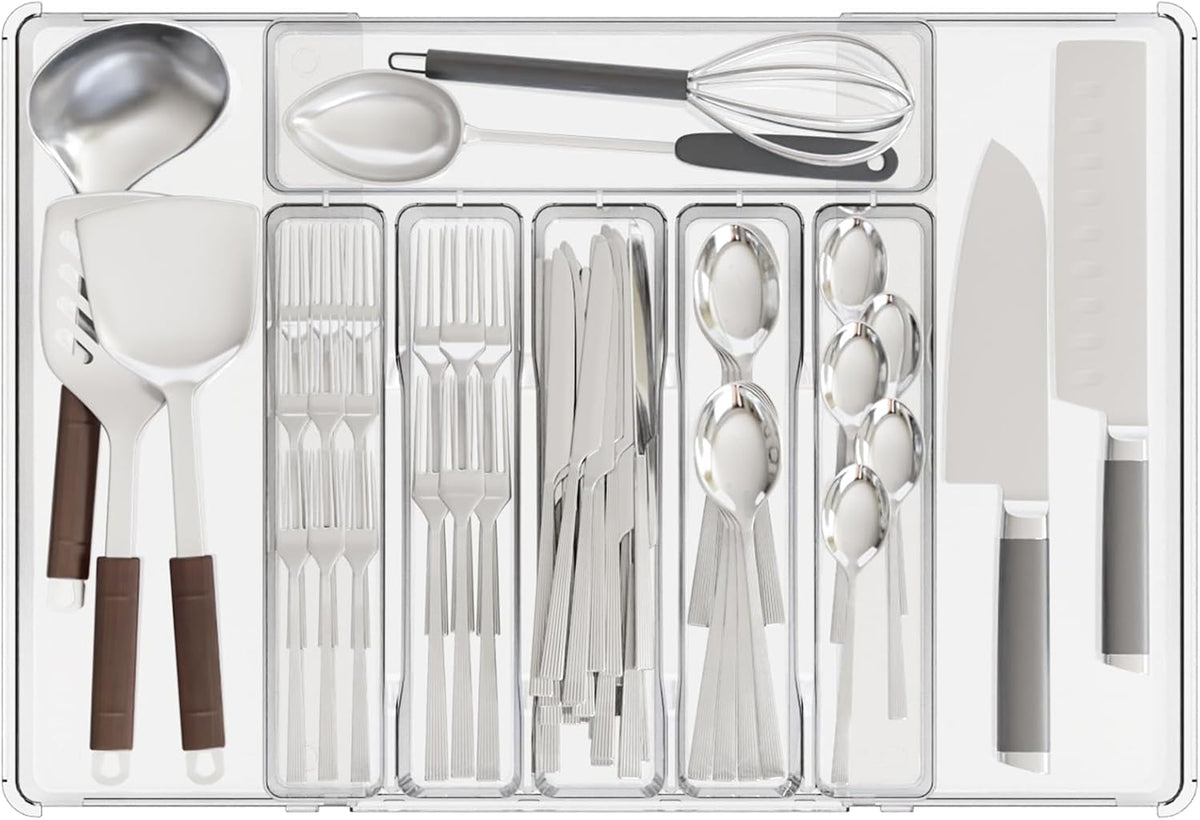 Clear Expandable Silverware Drawer Organizer - Adjust From 11'' to 22'' - Knife,Cutlery,Spoons and Forks Organizer,Large 8 Grid Flatware,Silverware Tray,Utensil Organizer for Kitchen Drawers