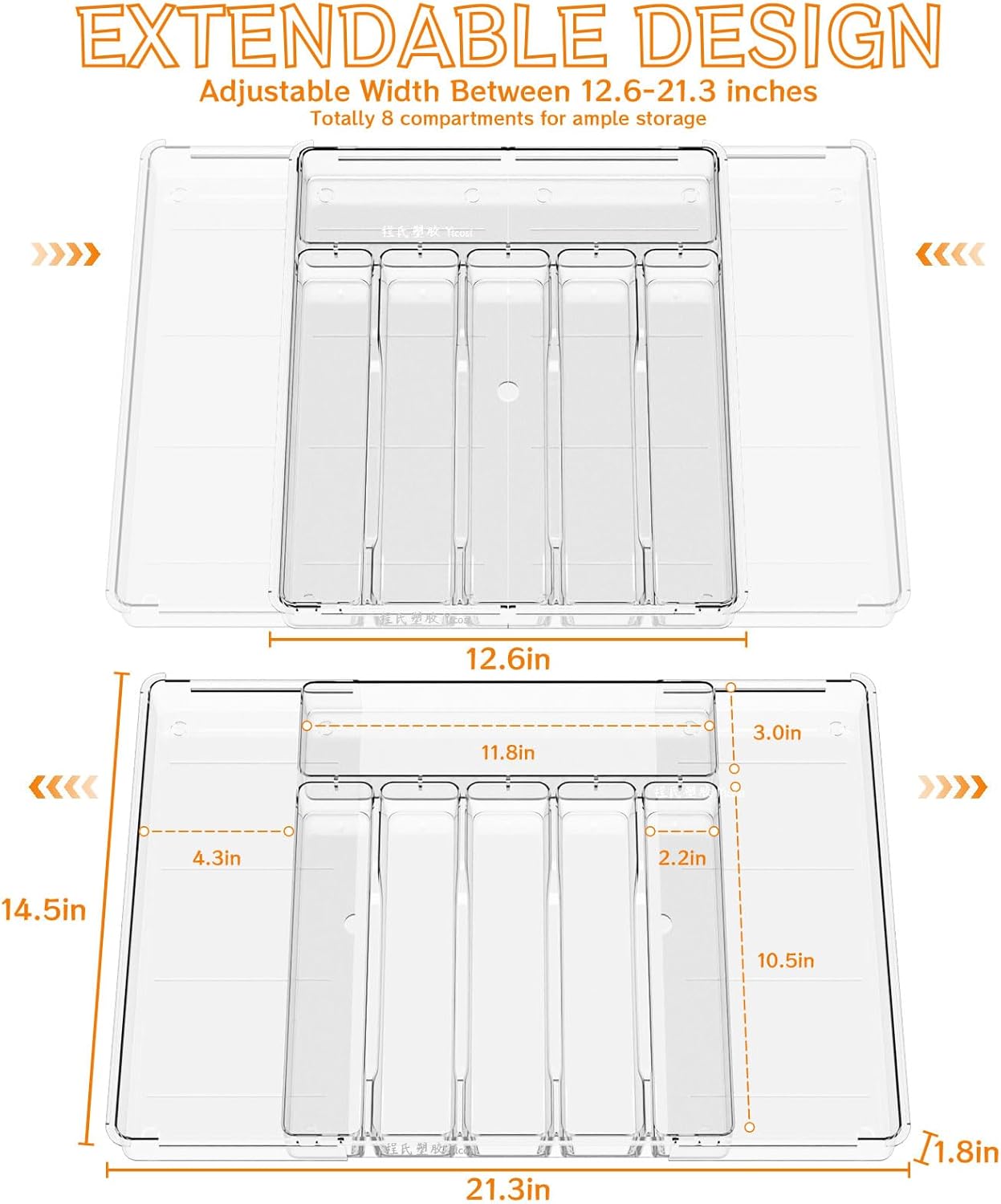 Clear Expandable Silverware Drawer Organizer - Adjust From 11'' to 22'' - Knife,Cutlery,Spoons and Forks Organizer,Large 8 Grid Flatware,Silverware Tray,Utensil Organizer for Kitchen Drawers