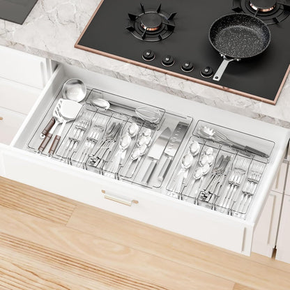 Clear Expandable Silverware Drawer Organizer - Adjust From 11'' to 22'' - Knife,Cutlery,Spoons and Forks Organizer,Large 8 Grid Flatware,Silverware Tray,Utensil Organizer for Kitchen Drawers