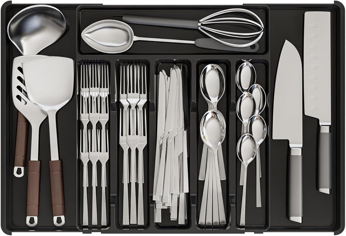 Clear Expandable Silverware Drawer Organizer - Adjust From 11'' to 22'' - Knife,Cutlery,Spoons and Forks Organizer,Large 8 Grid Flatware,Silverware Tray,Utensil Organizer for Kitchen Drawers