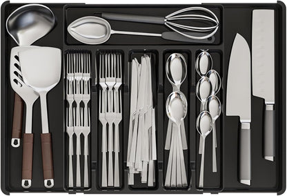 Clear Expandable Silverware Drawer Organizer - Adjust From 11'' to 22'' - Knife,Cutlery,Spoons and Forks Organizer,Large 8 Grid Flatware,Silverware Tray,Utensil Organizer for Kitchen Drawers