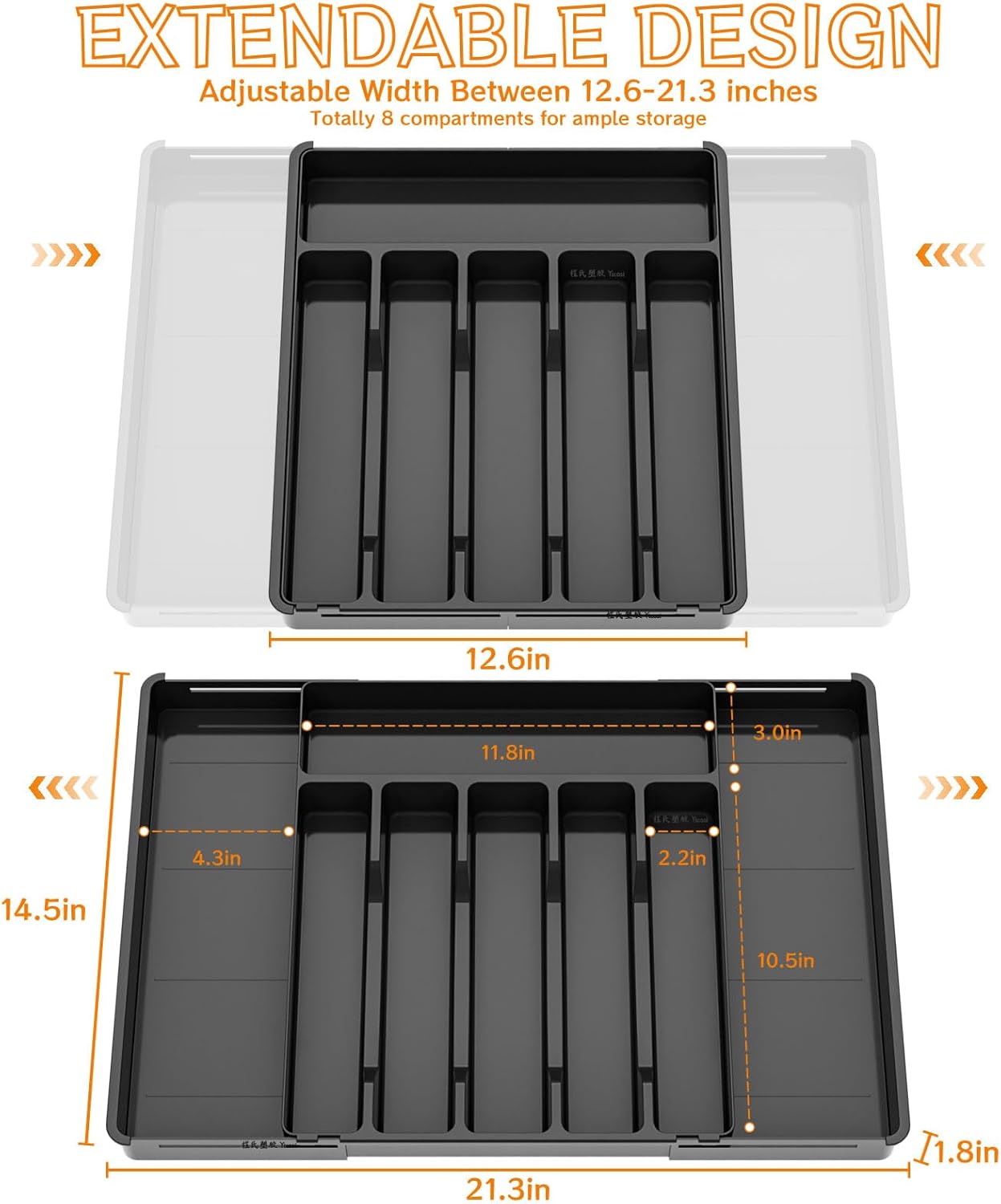 Clear Expandable Silverware Drawer Organizer - Adjust From 11'' to 22'' - Knife,Cutlery,Spoons and Forks Organizer,Large 8 Grid Flatware,Silverware Tray,Utensil Organizer for Kitchen Drawers
