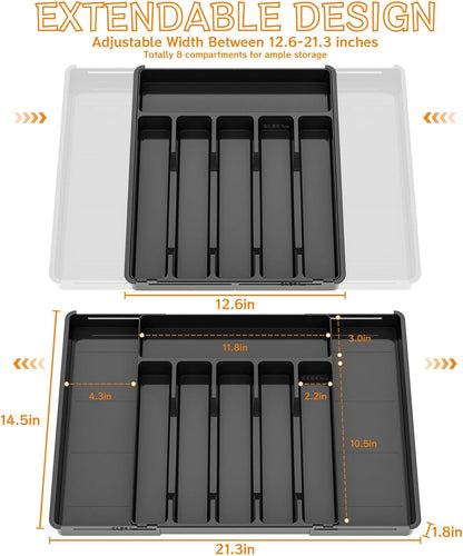 Clear Expandable Silverware Drawer Organizer - Adjust From 11'' to 22'' - Knife,Cutlery,Spoons and Forks Organizer,Large 8 Grid Flatware,Silverware Tray,Utensil Organizer for Kitchen Drawers