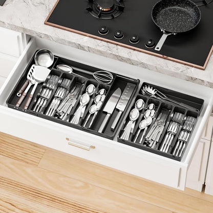 Clear Expandable Silverware Drawer Organizer - Adjust From 11'' to 22'' - Knife,Cutlery,Spoons and Forks Organizer,Large 8 Grid Flatware,Silverware Tray,Utensil Organizer for Kitchen Drawers