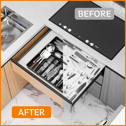 Clear Expandable Silverware Drawer Organizer - Adjust From 11'' to 22'' - Knife,Cutlery,Spoons and Forks Organizer,Large 8 Grid Flatware,Silverware Tray,Utensil Organizer for Kitchen Drawers