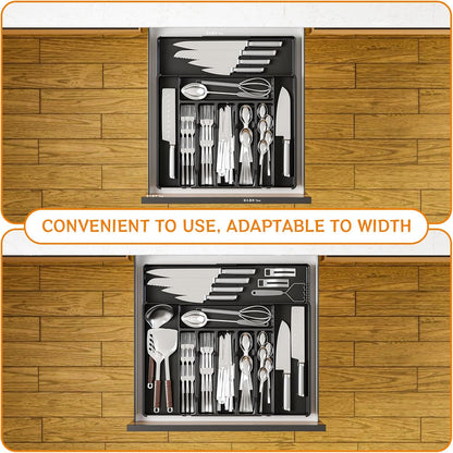 Clear Expandable Silverware Drawer Organizer - Adjust From 11'' to 22'' - Knife,Cutlery,Spoons and Forks Organizer,Large 8 Grid Flatware,Silverware Tray,Utensil Organizer for Kitchen Drawers