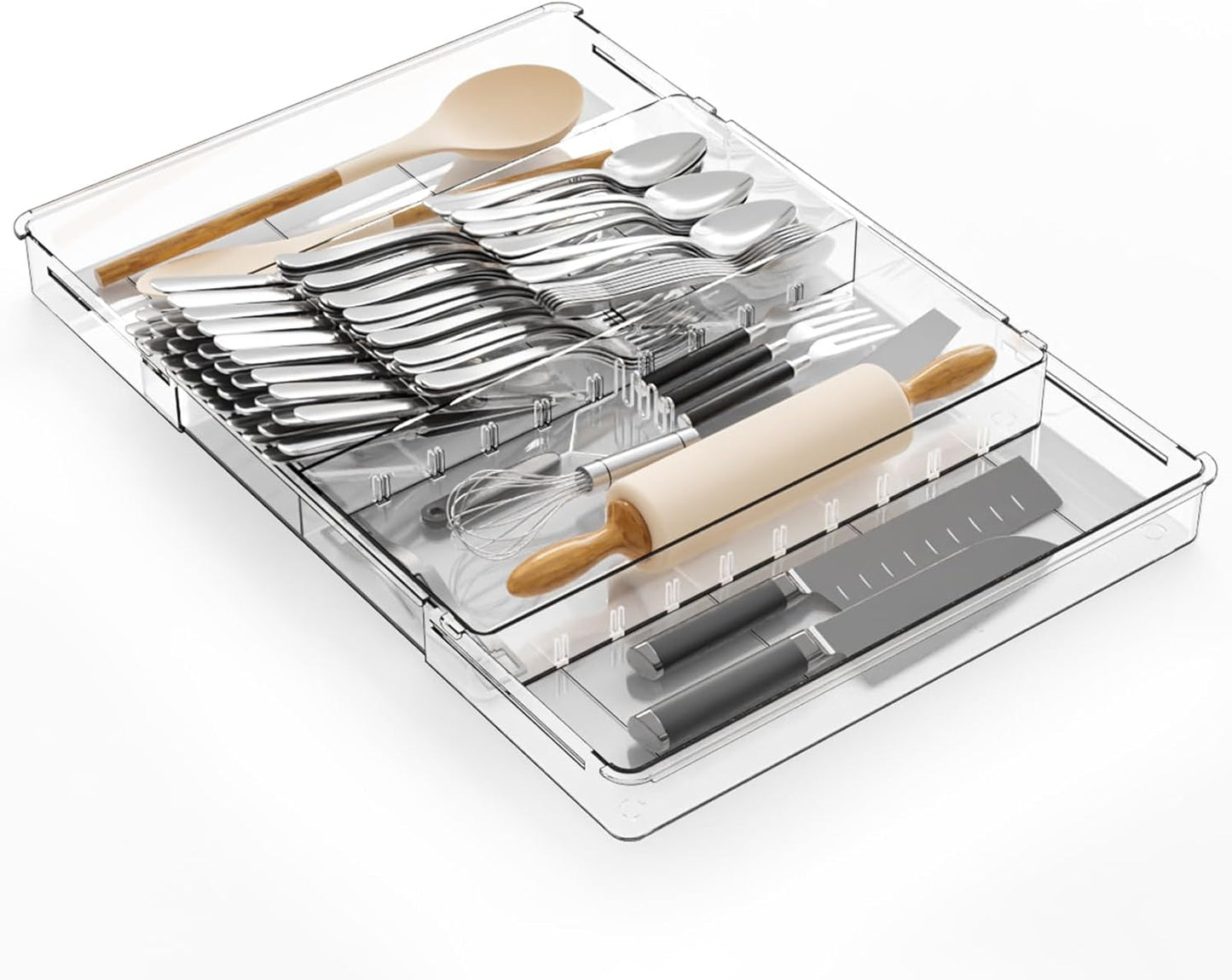 Clear Expandable Silverware Drawer Organizer - Adjust From 11'' to 22'' - Knife,Cutlery,Spoons and Forks Organizer,Large 8 Grid Flatware,Silverware Tray,Utensil Organizer for Kitchen Drawers