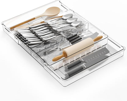 Clear Expandable Silverware Drawer Organizer - Adjust From 11'' to 22'' - Knife,Cutlery,Spoons and Forks Organizer,Large 8 Grid Flatware,Silverware Tray,Utensil Organizer for Kitchen Drawers