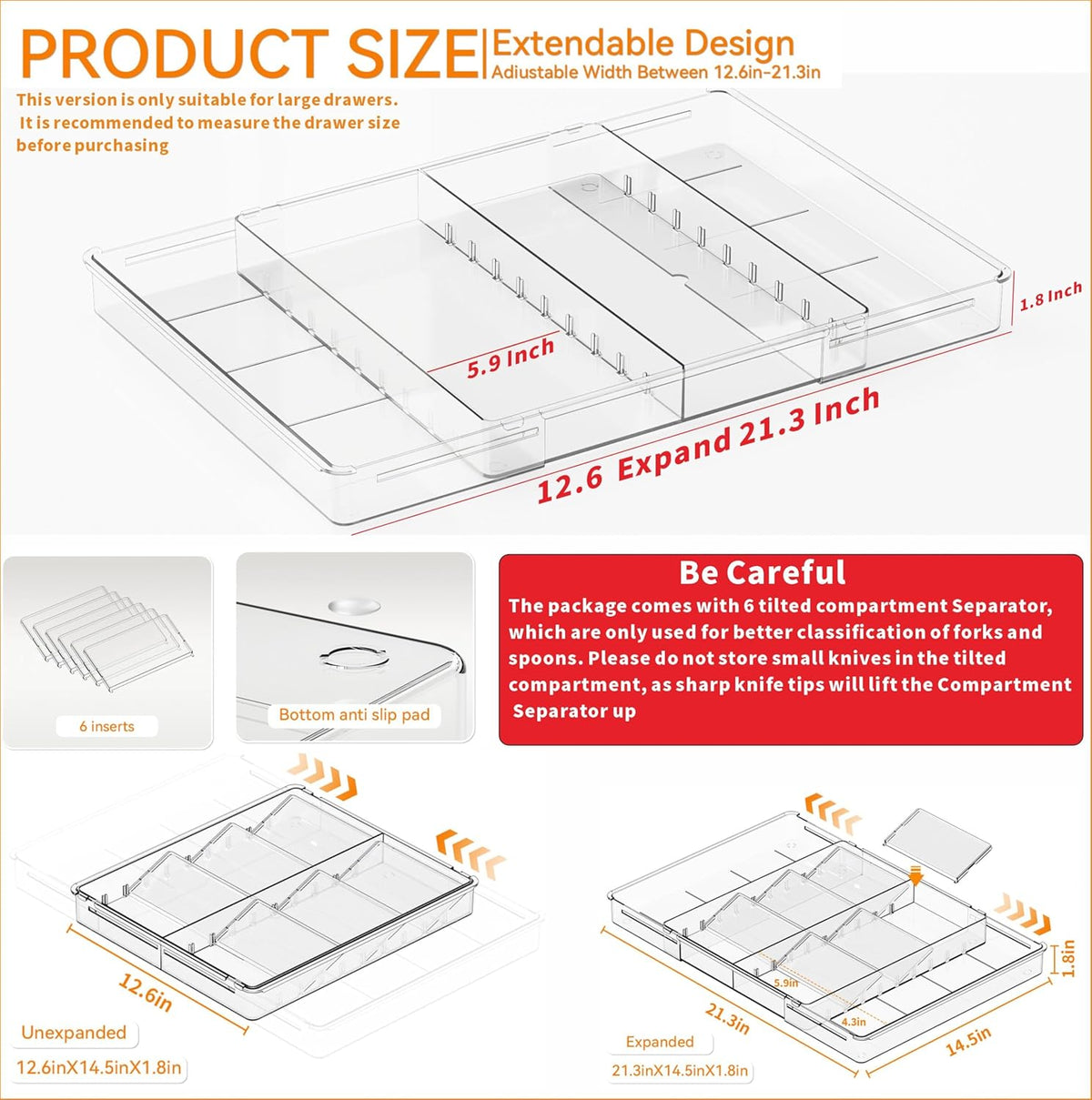 Clear Expandable Silverware Drawer Organizer - Adjust From 11'' to 22'' - Knife,Cutlery,Spoons and Forks Organizer,Large 8 Grid Flatware,Silverware Tray,Utensil Organizer for Kitchen Drawers