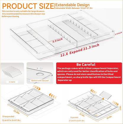 Clear Expandable Silverware Drawer Organizer - Adjust From 11'' to 22'' - Knife,Cutlery,Spoons and Forks Organizer,Large 8 Grid Flatware,Silverware Tray,Utensil Organizer for Kitchen Drawers