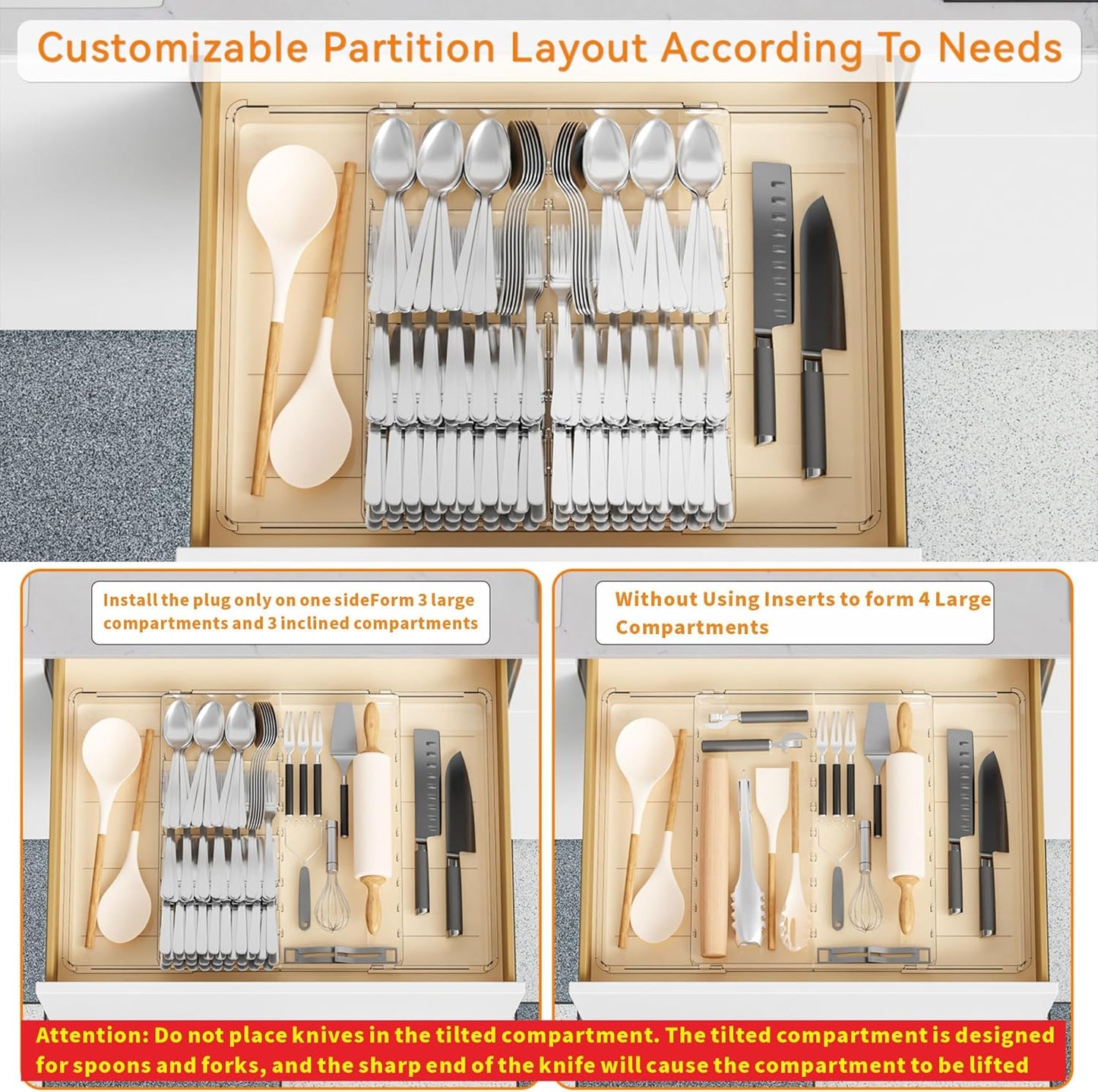 Clear Expandable Silverware Drawer Organizer - Adjust From 11'' to 22'' - Knife,Cutlery,Spoons and Forks Organizer,Large 8 Grid Flatware,Silverware Tray,Utensil Organizer for Kitchen Drawers