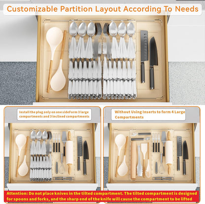Clear Expandable Silverware Drawer Organizer - Adjust From 11'' to 22'' - Knife,Cutlery,Spoons and Forks Organizer,Large 8 Grid Flatware,Silverware Tray,Utensil Organizer for Kitchen Drawers