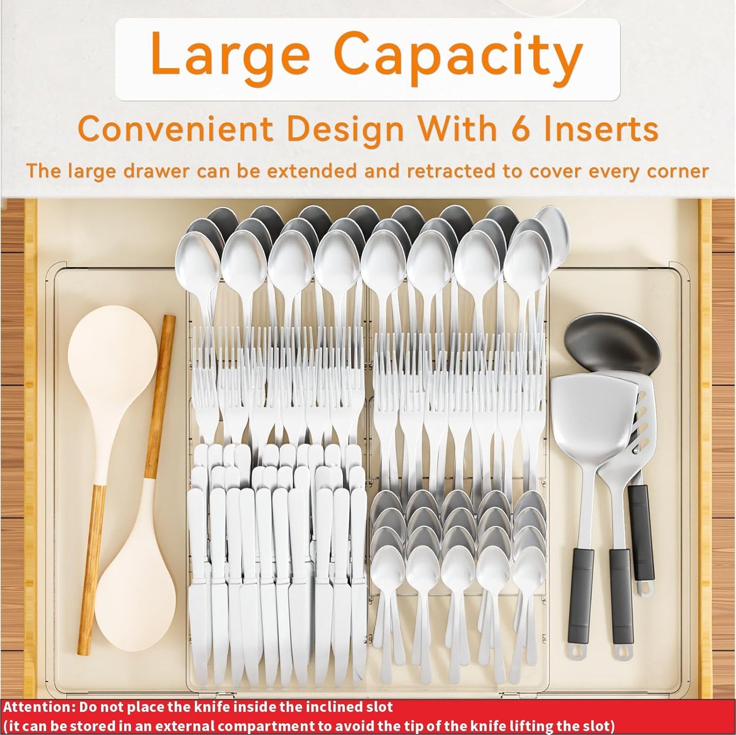 Clear Expandable Silverware Drawer Organizer - Adjust From 11'' to 22'' - Knife,Cutlery,Spoons and Forks Organizer,Large 8 Grid Flatware,Silverware Tray,Utensil Organizer for Kitchen Drawers