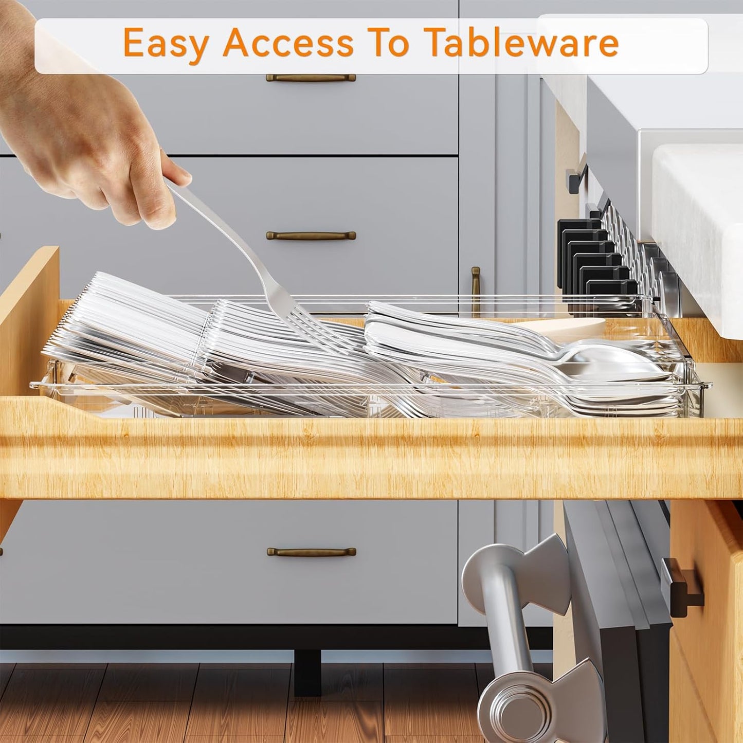 Clear Expandable Silverware Drawer Organizer - Adjust From 11'' to 22'' - Knife,Cutlery,Spoons and Forks Organizer,Large 8 Grid Flatware,Silverware Tray,Utensil Organizer for Kitchen Drawers