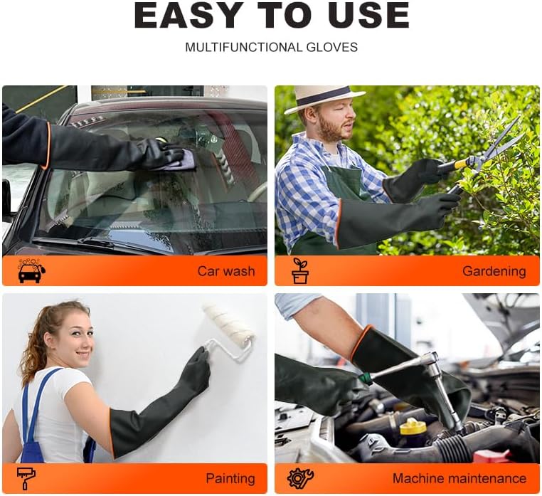 Heavy-Duty Latex Chemical Resistant Gloves - Reusable Long Rubber Dishwashing Gloves with Forearm Protection for Men - Waterproof, Industrial Safety Gear, Acid & Alkali Resistant, Oil-Proof,14“，1 Pair