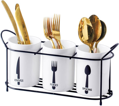 3-Piece White Ceramic Silverware Holder for Party Countertop, Utensil Holder with Black Metal Rack Flatware Caddy Cutlery Storage Organizer for Kitchen Table (White+Black B)
