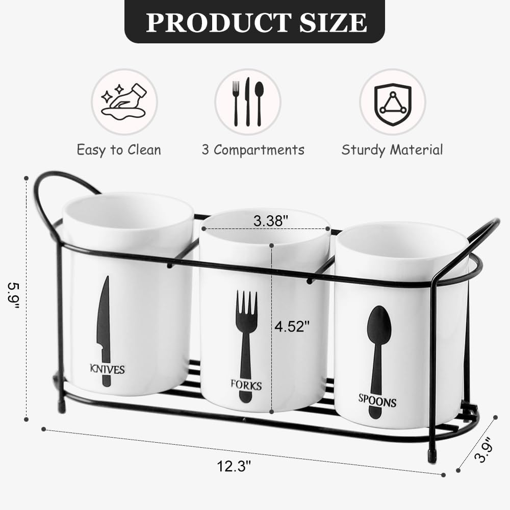 3-Piece White Ceramic Silverware Holder for Party Countertop, Utensil Holder with Black Metal Rack Flatware Caddy Cutlery Storage Organizer for Kitchen Table (White+Black B)