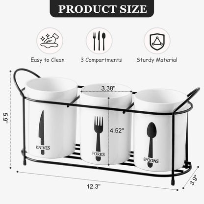 3-Piece White Ceramic Silverware Holder for Party Countertop, Utensil Holder with Black Metal Rack Flatware Caddy Cutlery Storage Organizer for Kitchen Table (White+Black B)