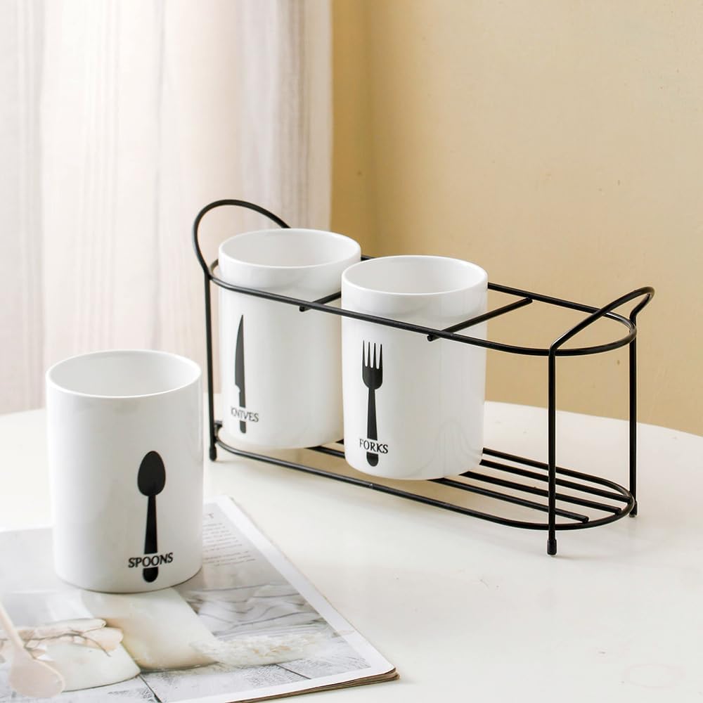 3-Piece White Ceramic Silverware Holder for Party Countertop, Utensil Holder with Black Metal Rack Flatware Caddy Cutlery Storage Organizer for Kitchen Table (White+Black B)