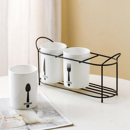 3-Piece White Ceramic Silverware Holder for Party Countertop, Utensil Holder with Black Metal Rack Flatware Caddy Cutlery Storage Organizer for Kitchen Table (White+Black B)