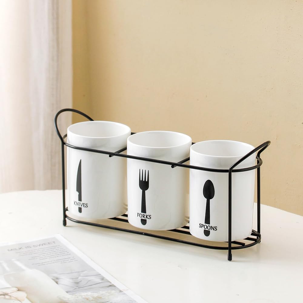 3-Piece White Ceramic Silverware Holder for Party Countertop, Utensil Holder with Black Metal Rack Flatware Caddy Cutlery Storage Organizer for Kitchen Table (White+Black B)