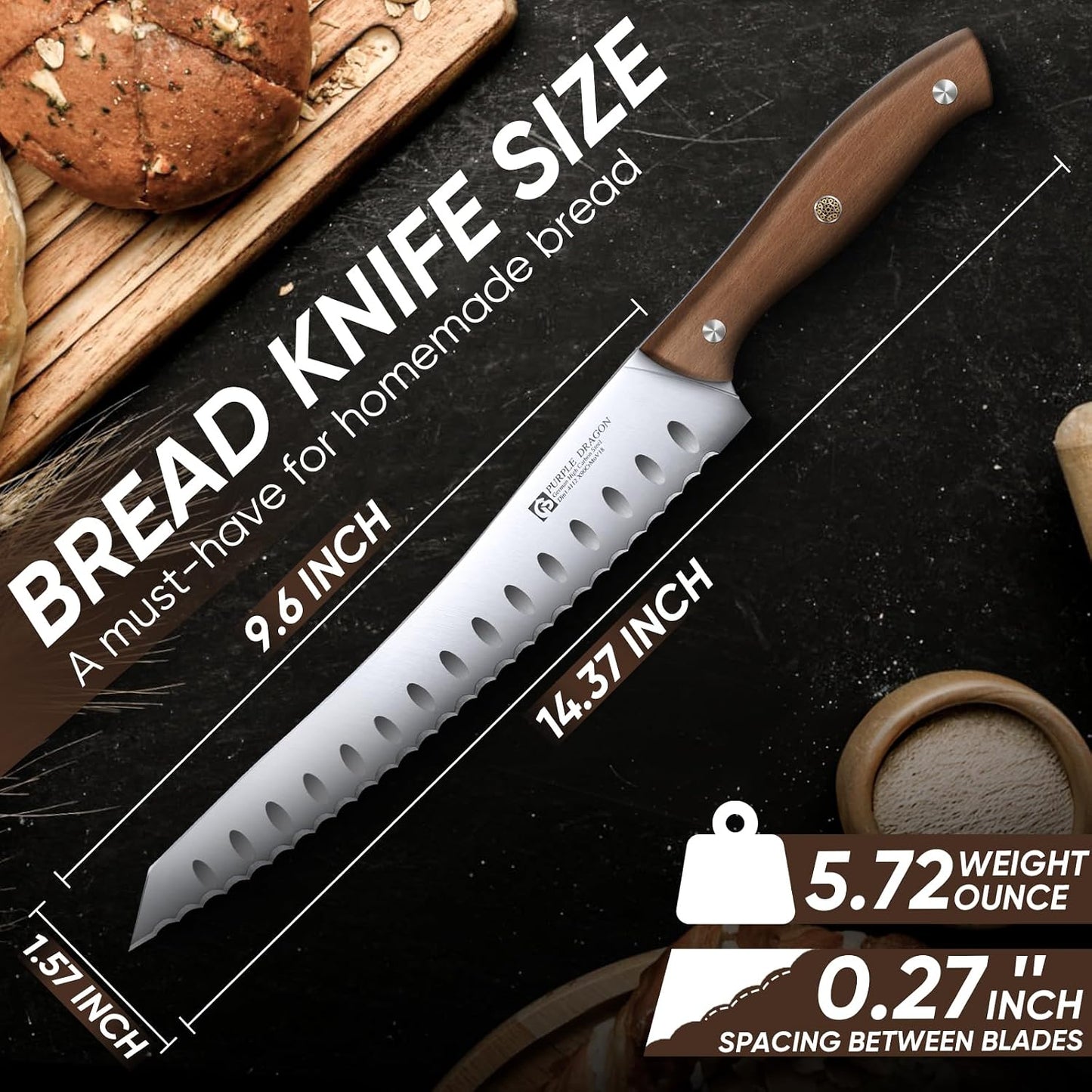 Bread Knife for Homemade Bread, Serrated Knife | German VG10 Steel, Wooden Handle, Gift Box, for Sourdough Cake and Fruits