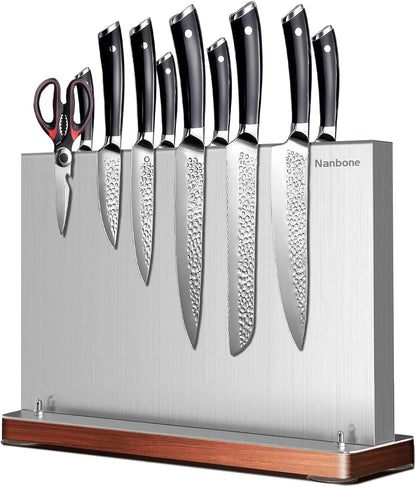 Magnetic Knife Block Stand Without Knives Double Sided Magnetic Knife Holder Rack for Kitchen Counter Stainless Steel Knife Magnetic Strip Display Stand Storage Organizer with Wood Base