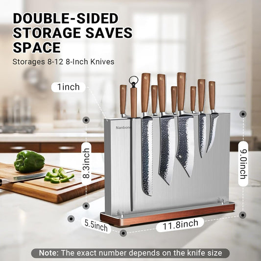 Magnetic Knife Block Stand Without Knives Double Sided Magnetic Knife Holder Rack for Kitchen Counter Stainless Steel Knife Magnetic Strip Display Stand Storage Organizer with Wood Base