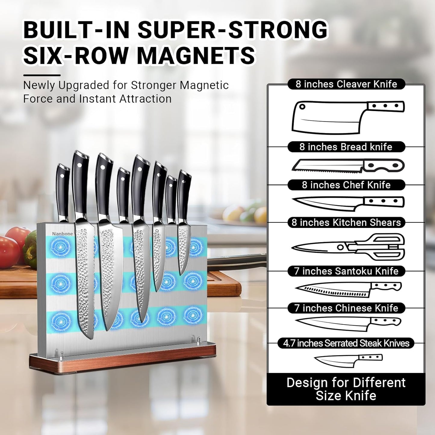 Magnetic Knife Block Stand Without Knives Double Sided Magnetic Knife Holder Rack for Kitchen Counter Stainless Steel Knife Magnetic Strip Display Stand Storage Organizer with Wood Base