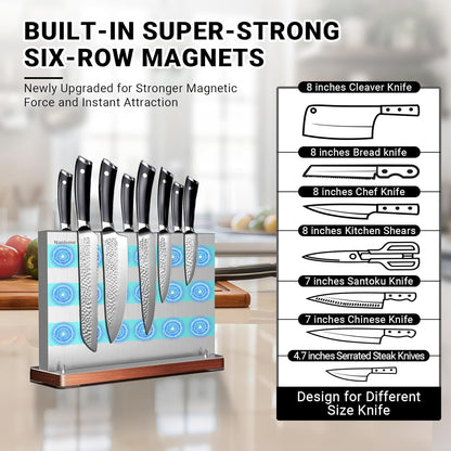Magnetic Knife Block Stand Without Knives Double Sided Magnetic Knife Holder Rack for Kitchen Counter Stainless Steel Knife Magnetic Strip Display Stand Storage Organizer with Wood Base