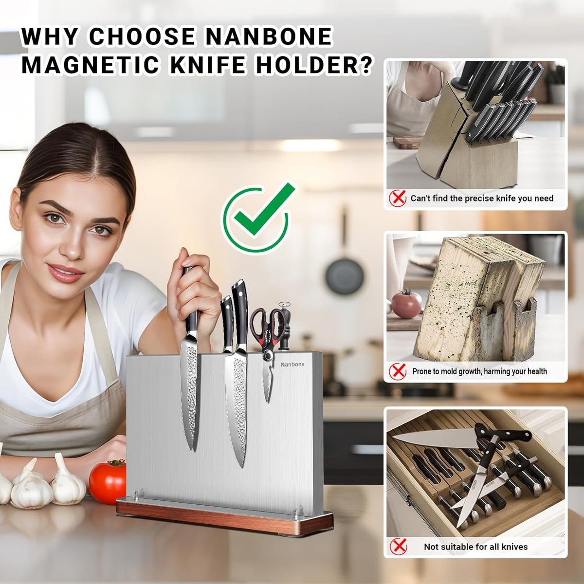 Magnetic Knife Block Stand Without Knives Double Sided Magnetic Knife Holder Rack for Kitchen Counter Stainless Steel Knife Magnetic Strip Display Stand Storage Organizer with Wood Base