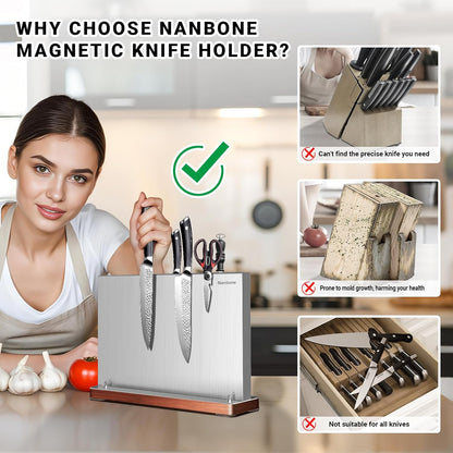 Magnetic Knife Block Stand Without Knives Double Sided Magnetic Knife Holder Rack for Kitchen Counter Stainless Steel Knife Magnetic Strip Display Stand Storage Organizer with Wood Base
