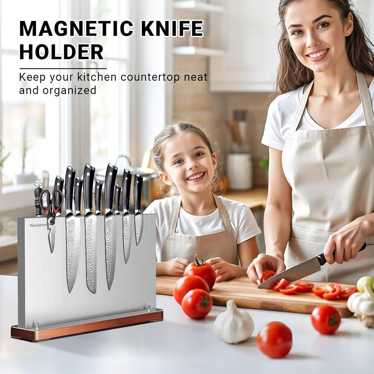 Magnetic Knife Block Stand Without Knives Double Sided Magnetic Knife Holder Rack for Kitchen Counter Stainless Steel Knife Magnetic Strip Display Stand Storage Organizer with Wood Base