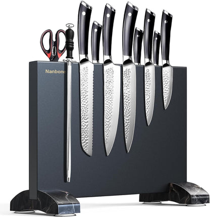 Magnetic Knife Block Stand Without Knives Double Sided Magnetic Knife Holder Rack for Kitchen Counter Stainless Steel Knife Magnetic Strip Display Stand Storage Organizer with Wood Base